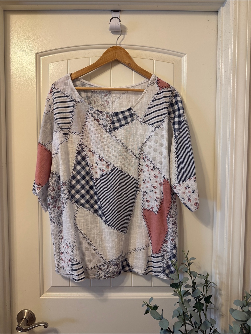 Relaxed Patchwork Tunic Top in Cream, Navy & Pink